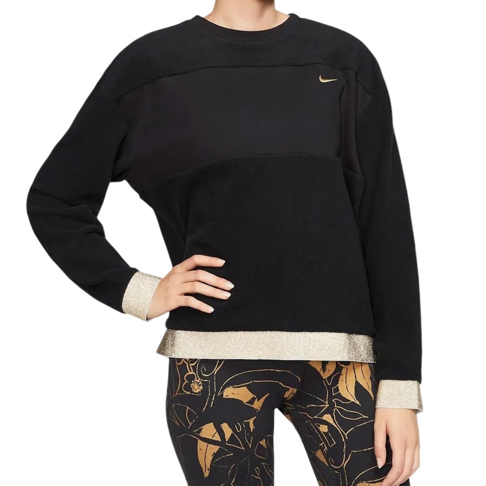 Nike Icon Clash Therma Fleece Crew Pullover Sweatshirt Black Gold Women's sz XL